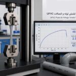 دستگاه آزمون تنسایل (کشش) در حال اندازه‌گیری مقاومت کششی لوله و اتصالات UPVC خاکستری در آزمایشگاه پارس سنجش