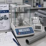 تجهیزات آزمایشگاهی اندازه‌گیری چگالی (دانسیته) لوله و اتصالات UPVC با استفاده از ترازوی دقیق و روش غوطه‌وری برای کنترل کیفیت محصولات PVC-U.