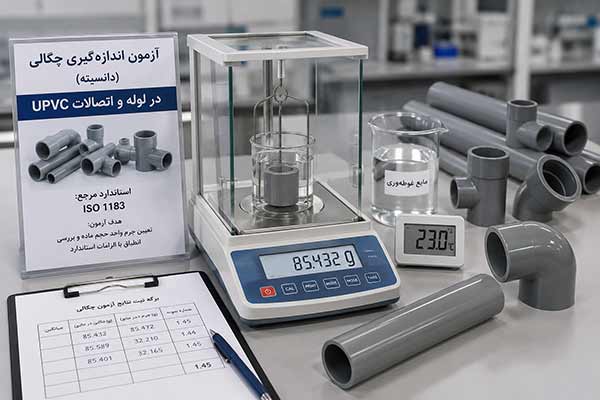 تجهیزات آزمایشگاهی اندازه‌گیری چگالی (دانسیته) لوله و اتصالات UPVC با استفاده از ترازوی دقیق و روش غوطه‌وری برای کنترل کیفیت محصولات PVC-U.